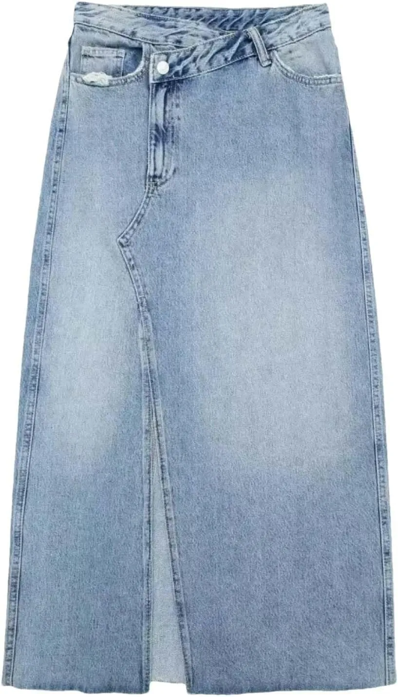 Women High Waist Button Front Split Denim Skirt Casual Maxi Skirt Vintage Side Slit Distressed Skirt