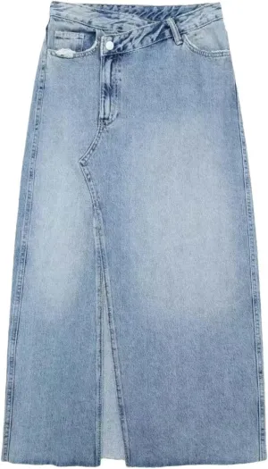 Women High Waist Button Front Split Denim Skirt Casual Maxi Skirt Vintage Side Slit Distressed Skirt