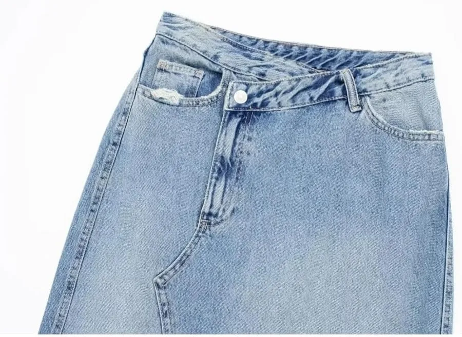 Women High Waist Button Front Split Denim Skirt Casual Maxi Skirt Vintage Side Slit Distressed Skirt