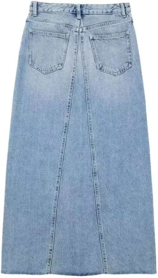 Women High Waist Button Front Split Denim Skirt Casual Maxi Skirt Vintage Side Slit Distressed Skirt