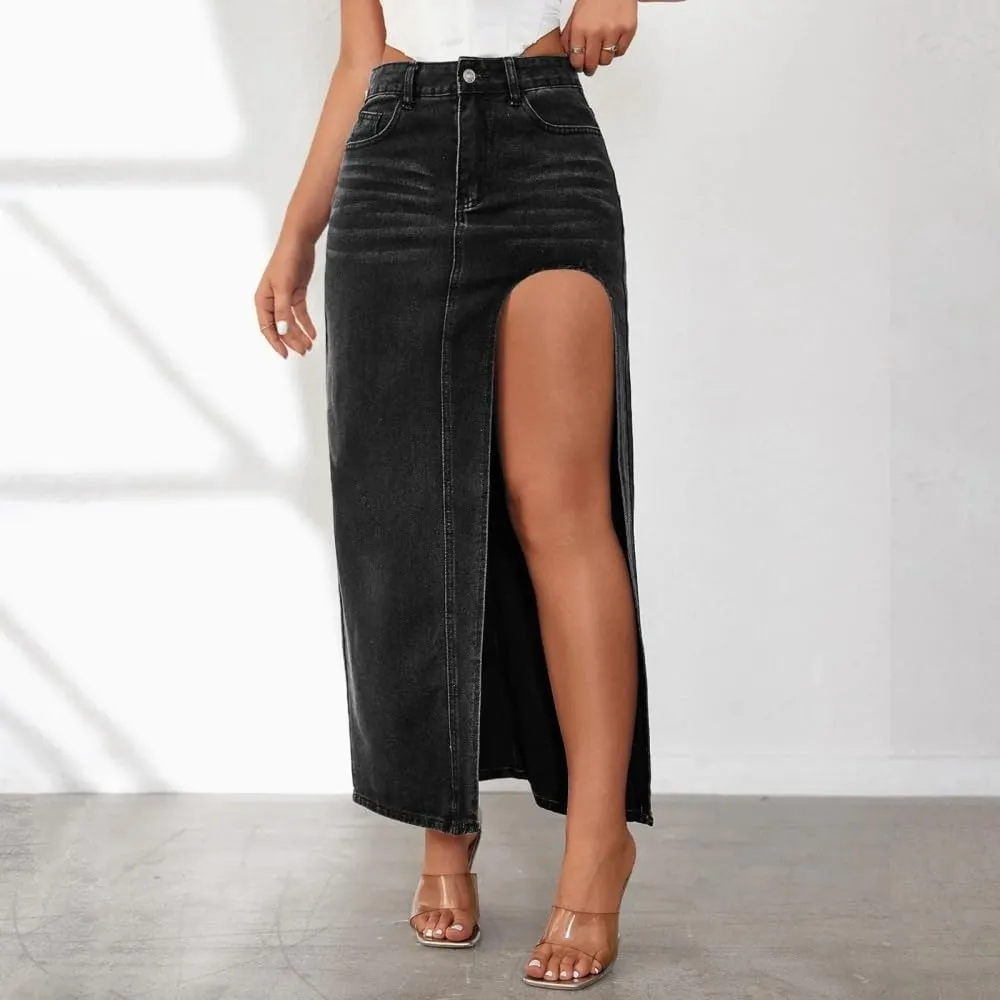 Women High Waist Button Front Split Denim Skirt Casual Maxi Skirt Vintage Style with Side Slit