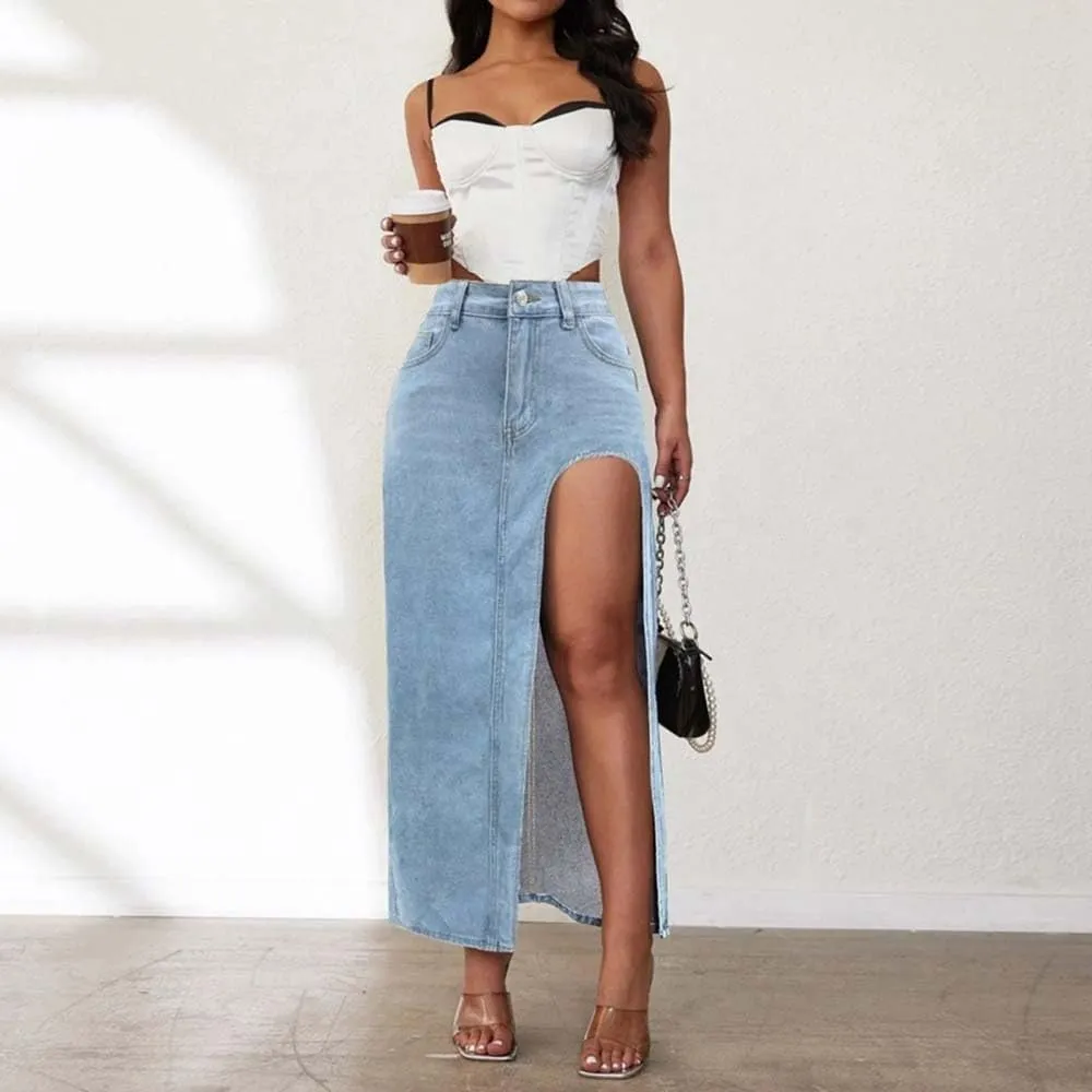 Women High Waist Button Front Split Denim Skirt Casual Maxi Skirt Vintage Style with Side Slit