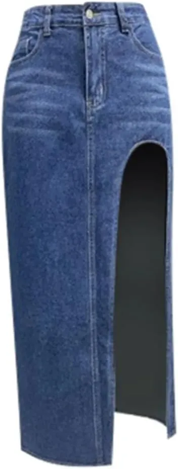 Women High Waist Button Front Split Denim Skirt Casual Maxi Skirt Vintage Style with Side Slit