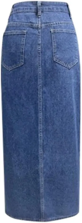 Women High Waist Button Front Split Denim Skirt Casual Maxi Skirt Vintage Style with Side Slit