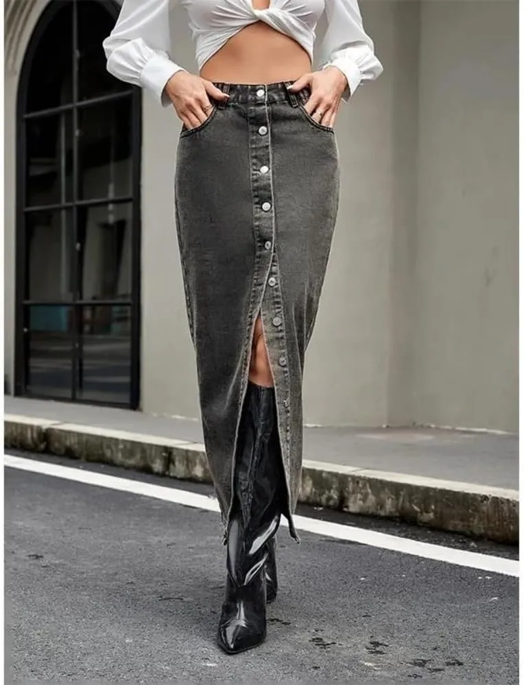 Women High Waist Button Front Split Denim Skirt Casual Maxi Skirt Vintage with Side Slit