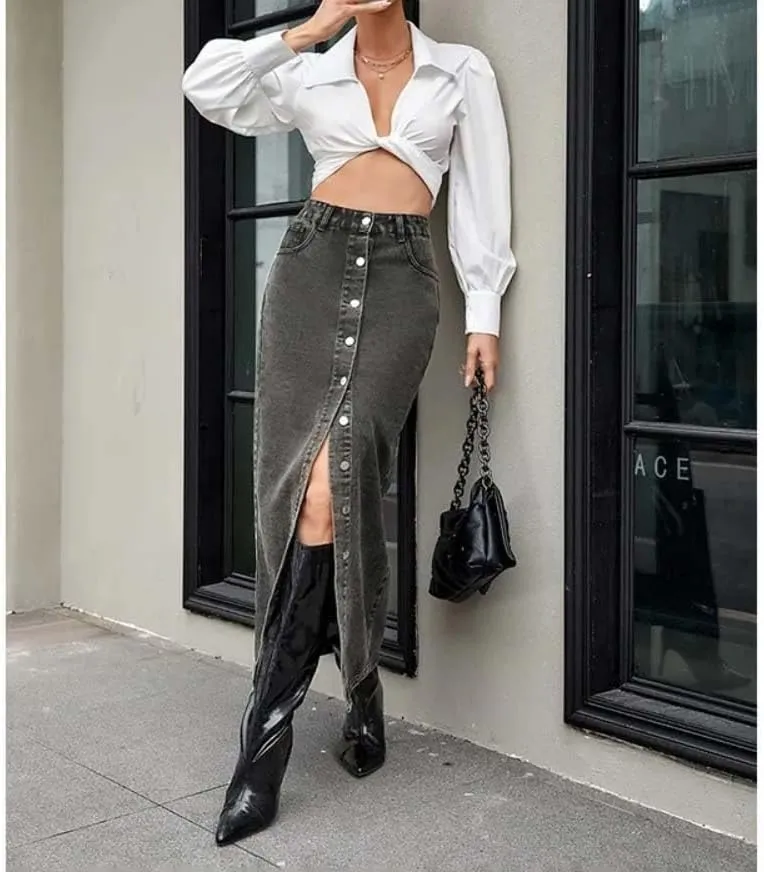 Women High Waist Button Front Split Denim Skirt Casual Maxi Skirt Vintage with Side Slit
