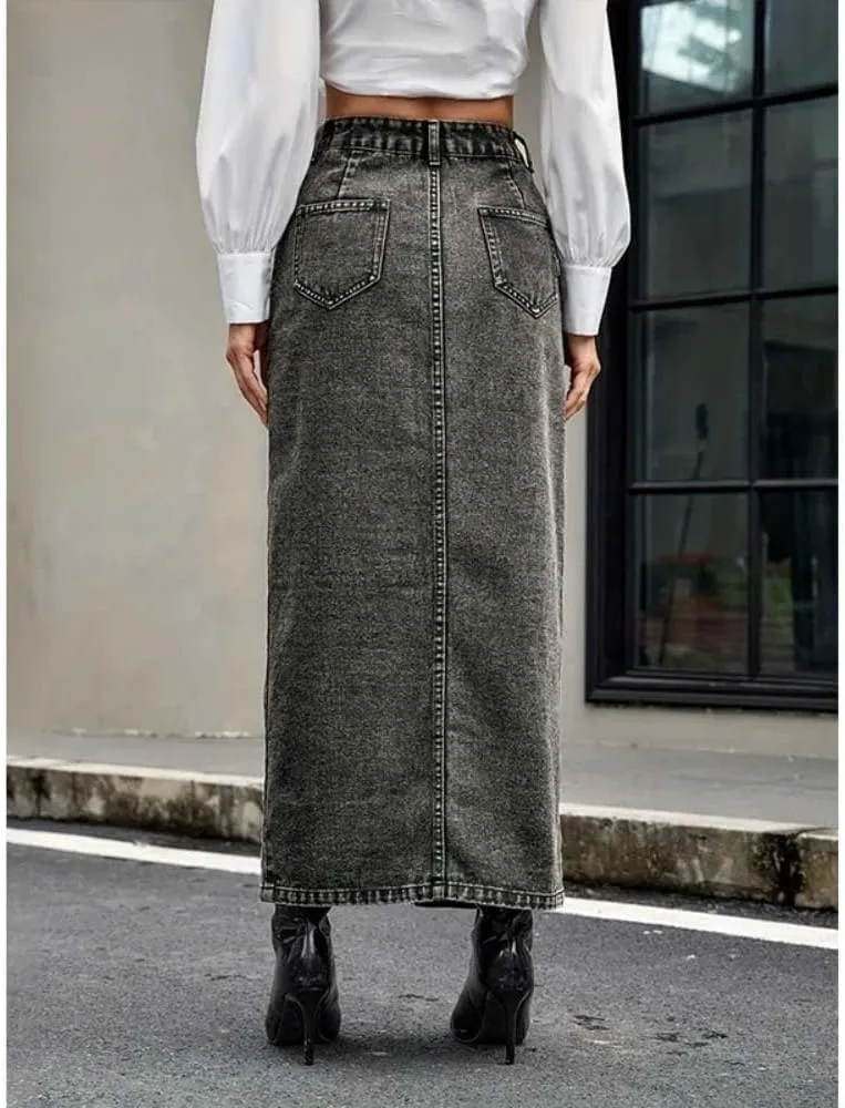 Women High Waist Button Front Split Denim Skirt Casual Maxi Skirt Vintage with Side Slit