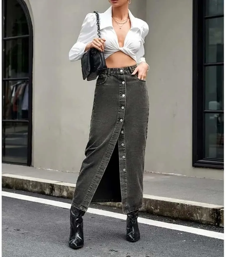 Women High Waist Button Front Split Denim Skirt Casual Maxi Skirt Vintage with Side Slit