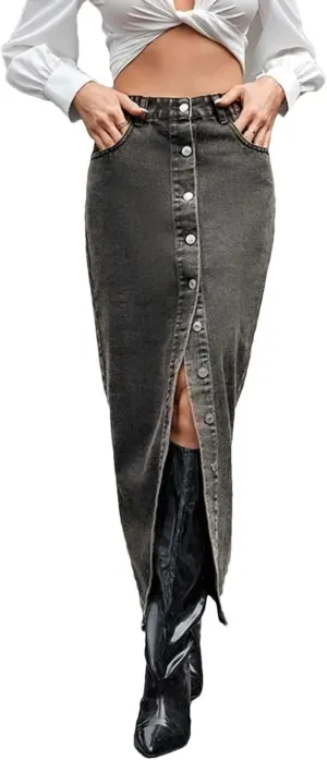 Women High Waist Button Front Split Denim Skirt Casual Maxi Skirt Vintage with Side Slit