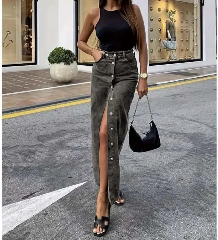 Women High Waist Button Front Split Denim Skirt Casual Maxi Skirt Vintage with Side Slit