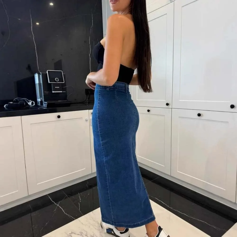 Women High Waist Button Front Split Denim Skirt Casual Midi Stretch Slim Fit Side Slit Skirt
