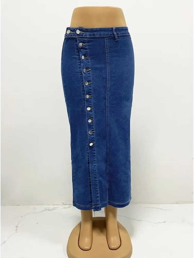 Women High Waist Button Front Split Denim Skirt Casual Midi Stretch Slim Fit Side Slit Skirt