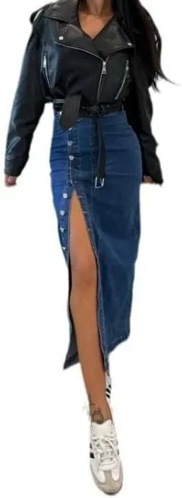 Women High Waist Button Front Split Denim Skirt Casual Midi Stretch Slim Fit Side Slit Skirt