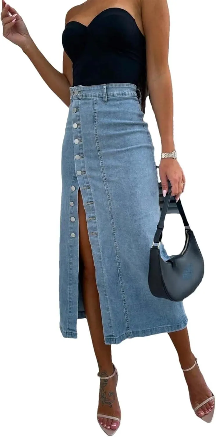 Women High Waist Button Front Split Denim Skirt Casual Midi Stretch Slim Fit Side Slit Skirt