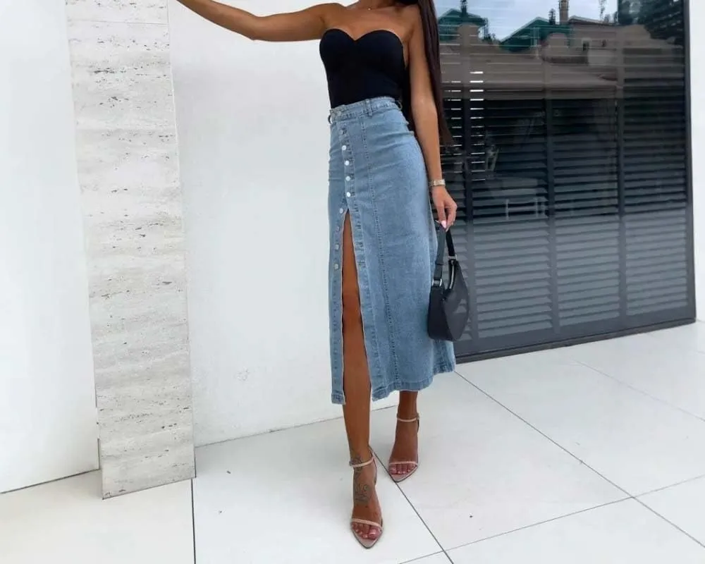 Women High Waist Button Front Split Denim Skirt Casual Midi Stretch Slim Fit Side Slit Skirt