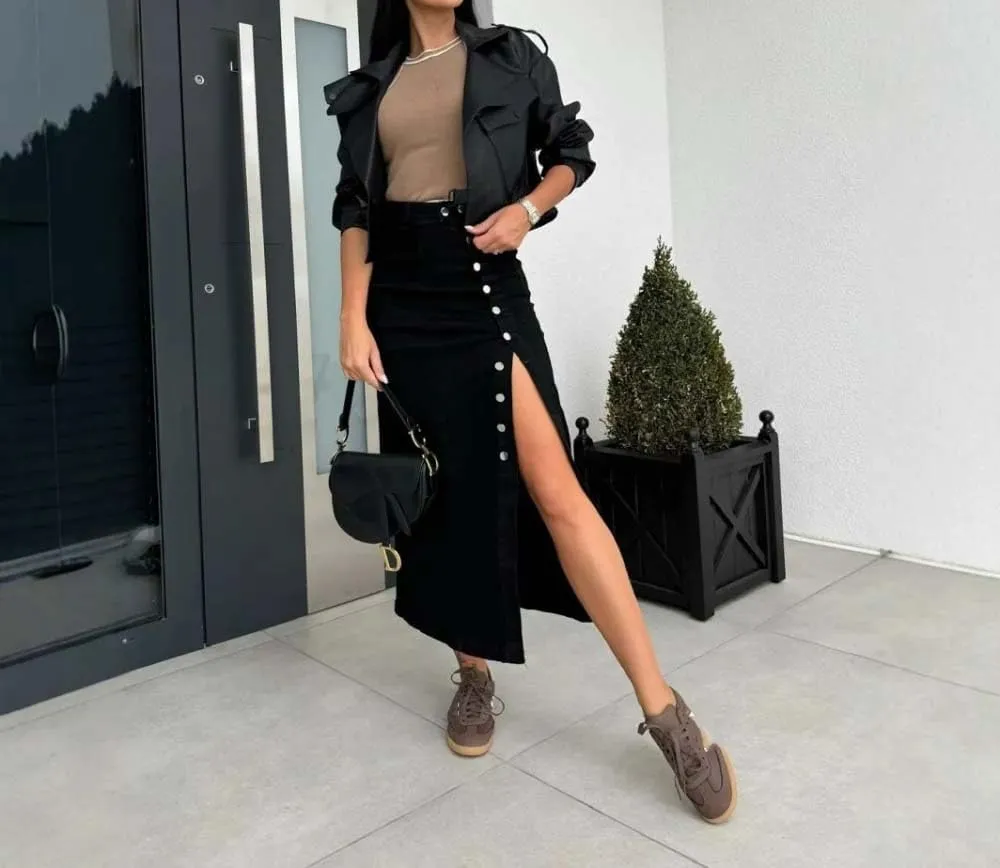 Women High Waist Button Front Split Denim Skirt Casual Midi Stretch Slim Fit Side Slit Skirt