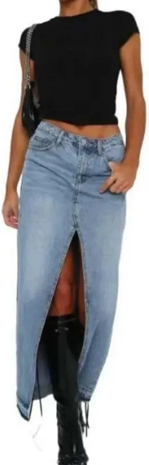 Women High Waist Button Front Split Denim Skirt Casual Midi Stretch Slim Fit Vintage Frayed Hem Skirt