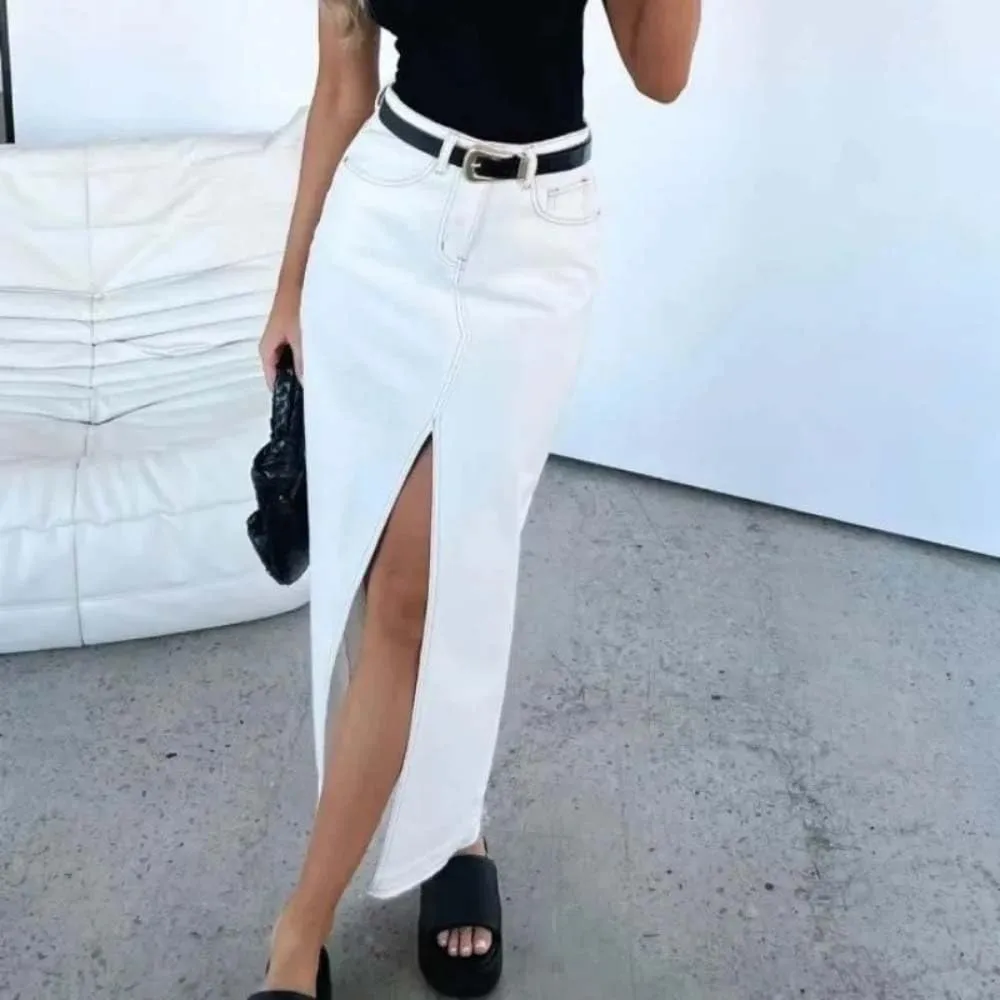 Women High Waist Button Front Split Denim Skirt Casual Midi Stretch Slim Fit Vintage Frayed Hem Skirt