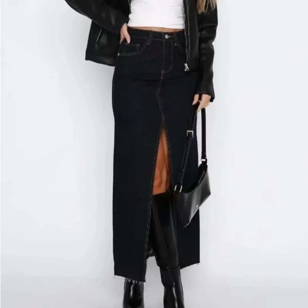 Women High Waist Button Front Split Denim Skirt Casual Midi Stretch Slim Fit Vintage Frayed Hem Skirt
