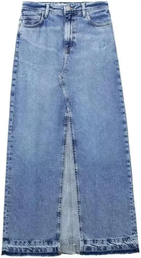 Women High Waist Button Front Split Denim Skirt Casual Midi Stretch Slim Fit Vintage Frayed Hem Skirt