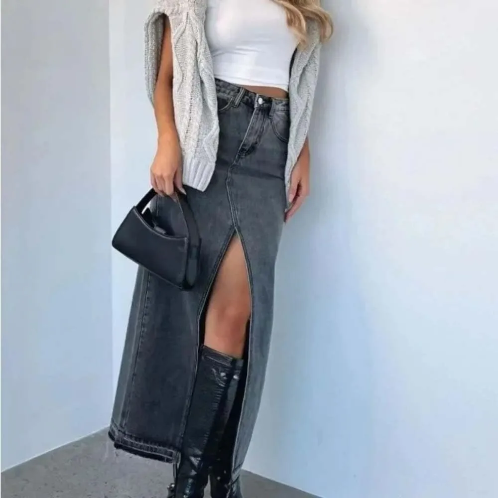 Women High Waist Button Front Split Denim Skirt Casual Midi Stretch Slim Fit Vintage Frayed Hem Skirt