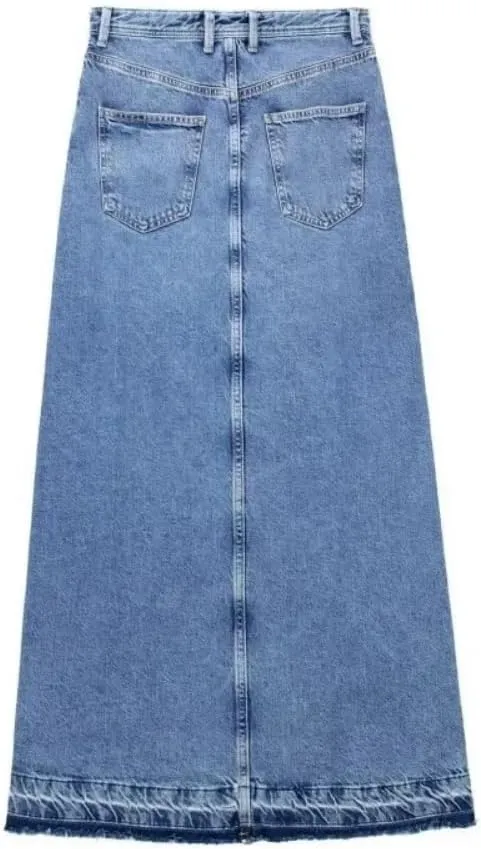 Women High Waist Button Front Split Denim Skirt Casual Midi Stretch Slim Fit Vintage Frayed Hem Skirt