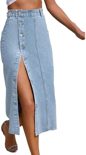 Women High Waist Button Front Split Denim Skirt Casual Sexy Bodycon Slit Midi Skirt