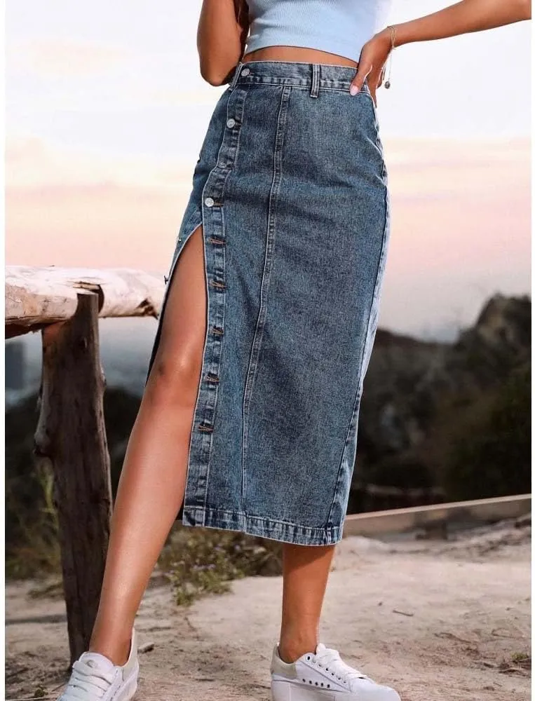 Women High Waist Button Front Split Denim Skirt Casual Sexy Bodycon Slit Midi Skirt