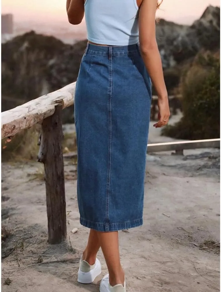 Women High Waist Button Front Split Denim Skirt Casual Sexy Bodycon Slit Midi Skirt