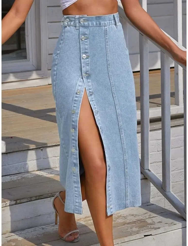 Women High Waist Button Front Split Denim Skirt Casual Sexy Bodycon Slit Midi Skirt