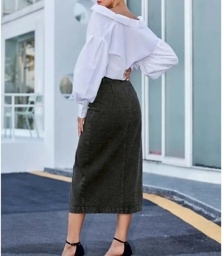 Women High Waist Button Front Split Denim Skirt Casual Sexy Bodycon Slit Midi Skirt