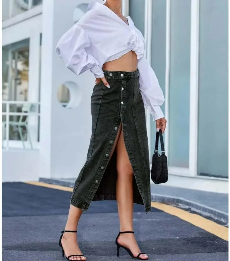 Women High Waist Button Front Split Denim Skirt Casual Stretch Slim Fit Vintage Side Slit Midi Skirt