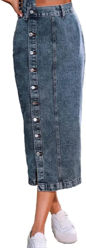 Women High Waist Button Front Split Denim Skirt Casual Stretch Slim Fit Vintage Side Slit Midi Skirt