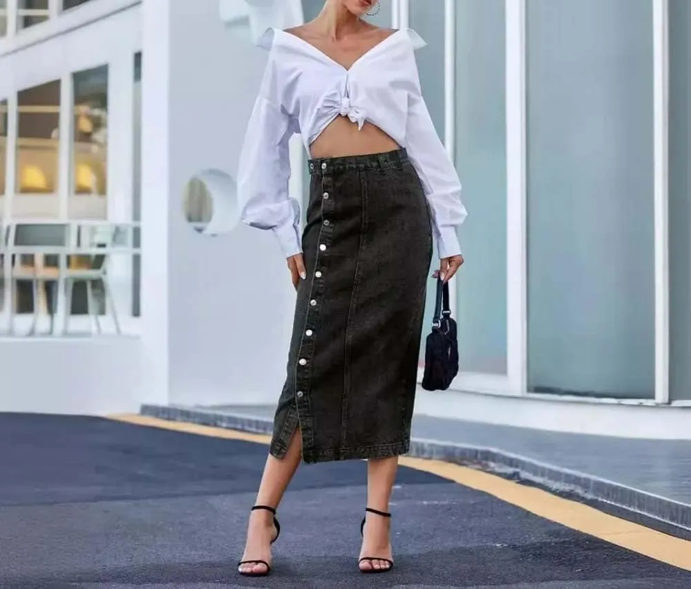 Women High Waist Button Front Split Denim Skirt Casual Stretch Slim Fit Vintage Side Slit Midi Skirt