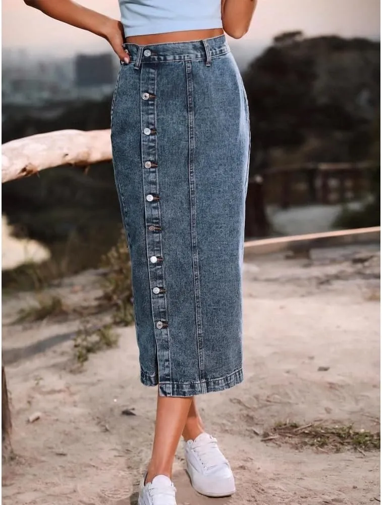 Women High Waist Button Front Split Denim Skirt Casual Stretch Slim Fit Vintage Side Slit Midi Skirt