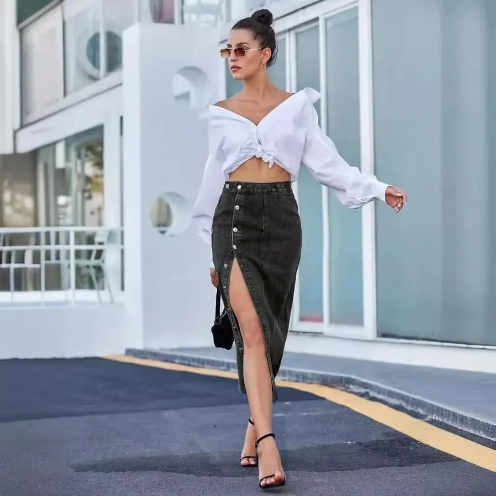 Women High Waist Button Front Split Denim Skirt Casual Stretch Slim Fit Vintage Side Slit Midi Skirt