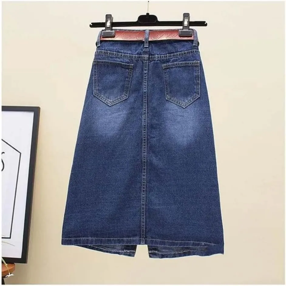 Women High Waist Button Front Split Denim Skirt with Belt Casual Midi Stretch Slim Fit Vintage Side Slit Skirt