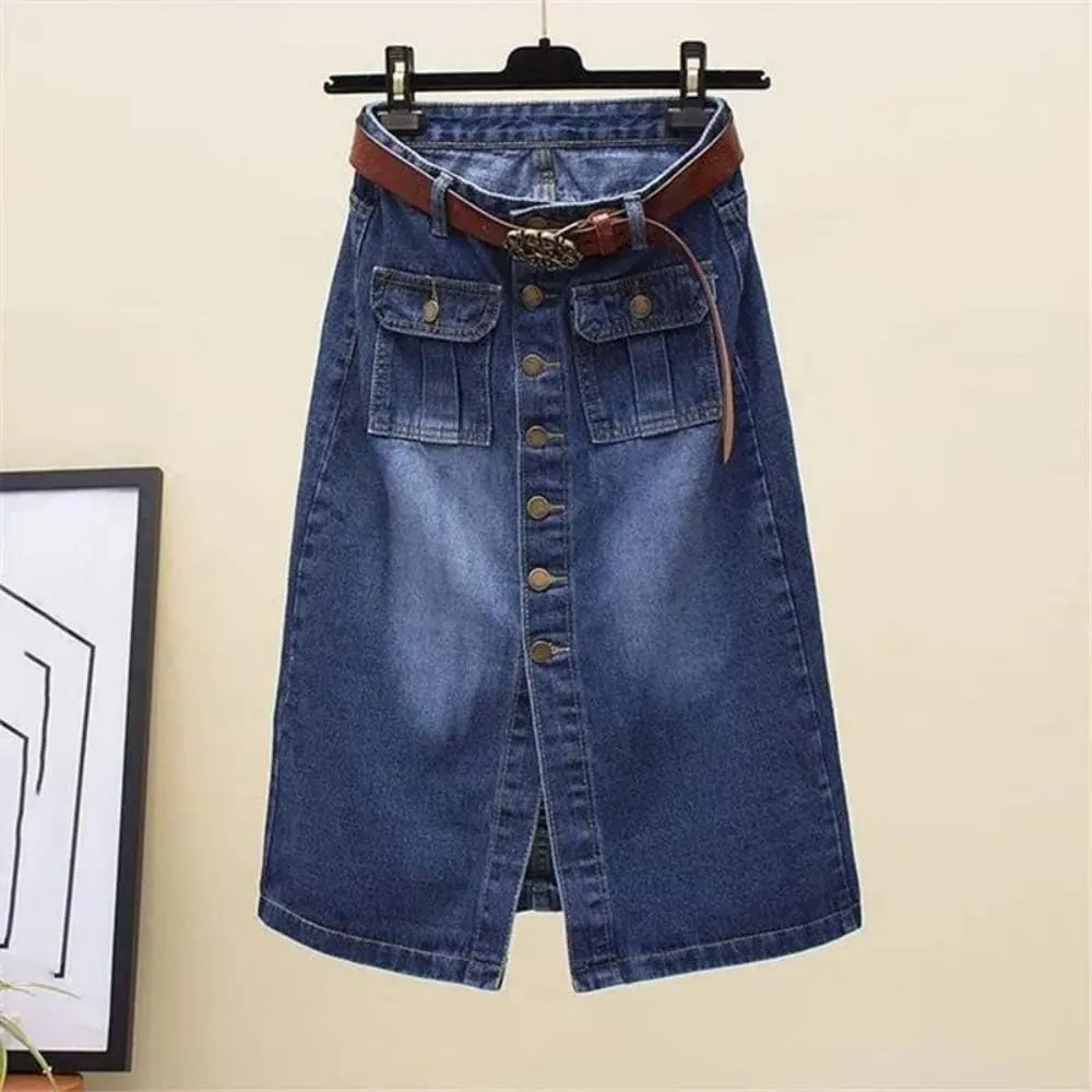 Women High Waist Button Front Split Denim Skirt with Belt Casual Midi Stretch Slim Fit Vintage Side Slit Skirt