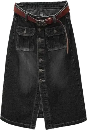 Women High Waist Button Front Split Denim Skirt with Belt Casual Midi Stretch Slim Fit Vintage Side Slit Skirt