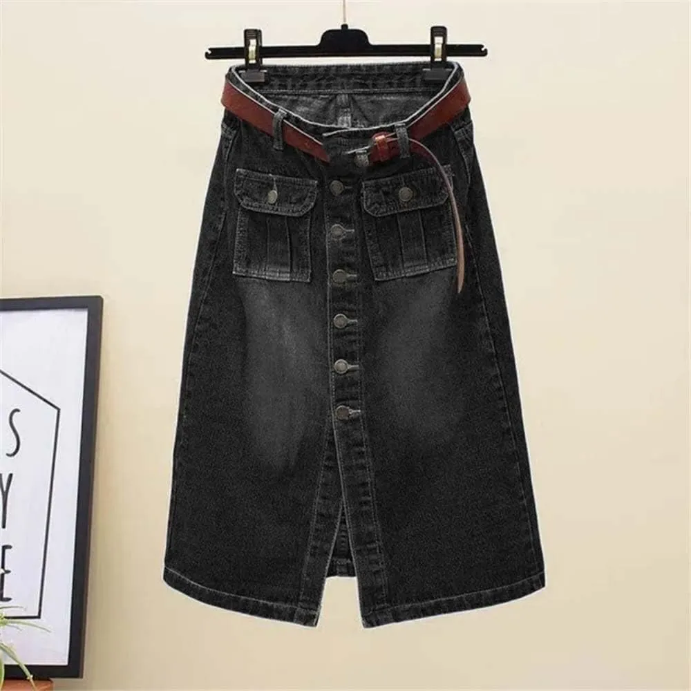 Women High Waist Button Front Split Denim Skirt with Belt Casual Midi Stretch Slim Fit Vintage Side Slit Skirt