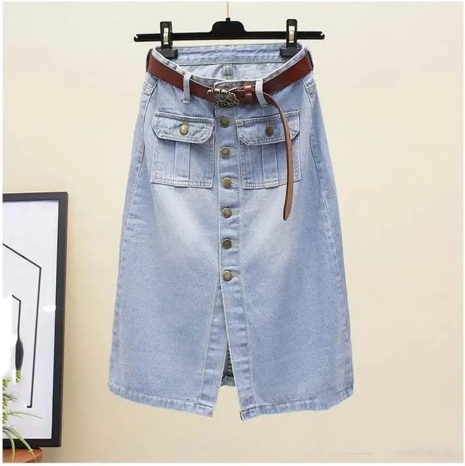 Women High Waist Button Front Split Denim Skirt with Belt Casual Midi Stretch Slim Fit Vintage Side Slit Skirt