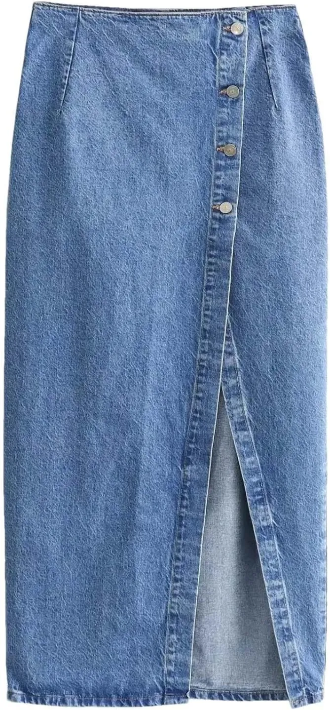 Women High Waist Button Front Split Hem Denim Skirt Slim Fit Streetwear Casual Long Skirt Fashion