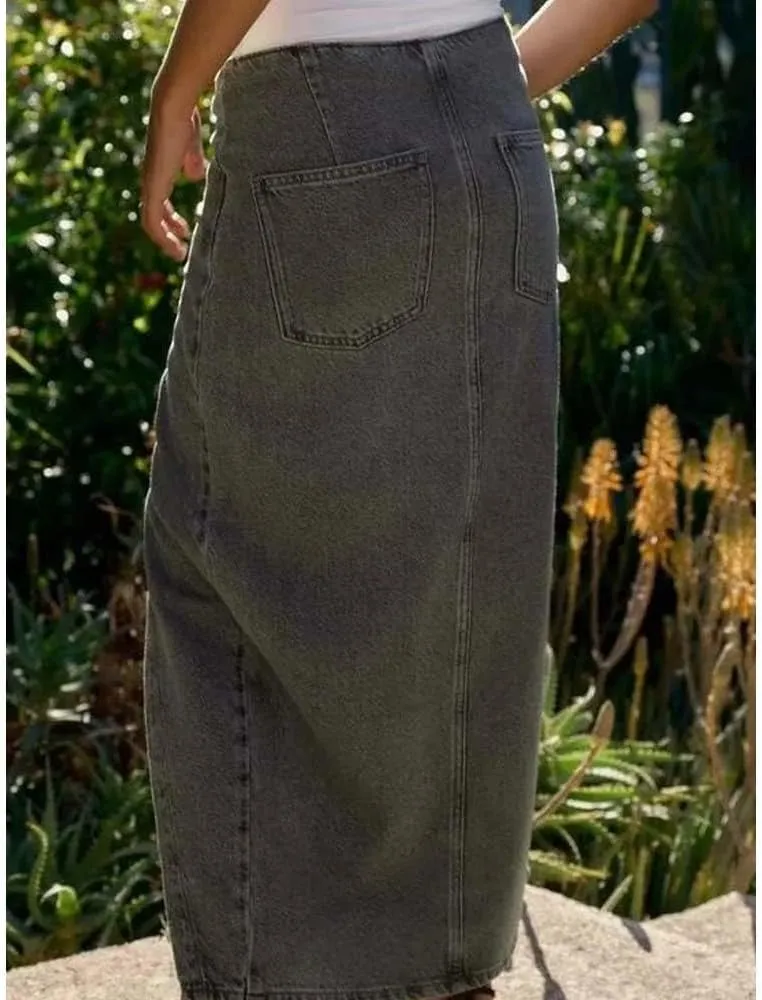 Women High Waist Button Front Split Hem Denim Skirt Slim Fit Streetwear Casual Long Skirt Fashion