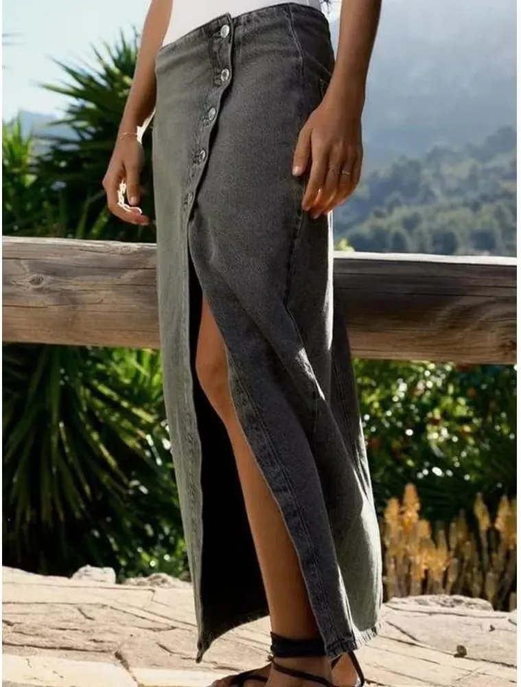 Women High Waist Button Front Split Hem Denim Skirt Slim Fit Streetwear Casual Long Skirt Fashion