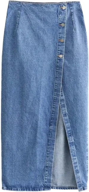 Women High Waist Button Front Split Hem Denim Skirt Slim Fit Streetwear Casual Long Skirt Fashion