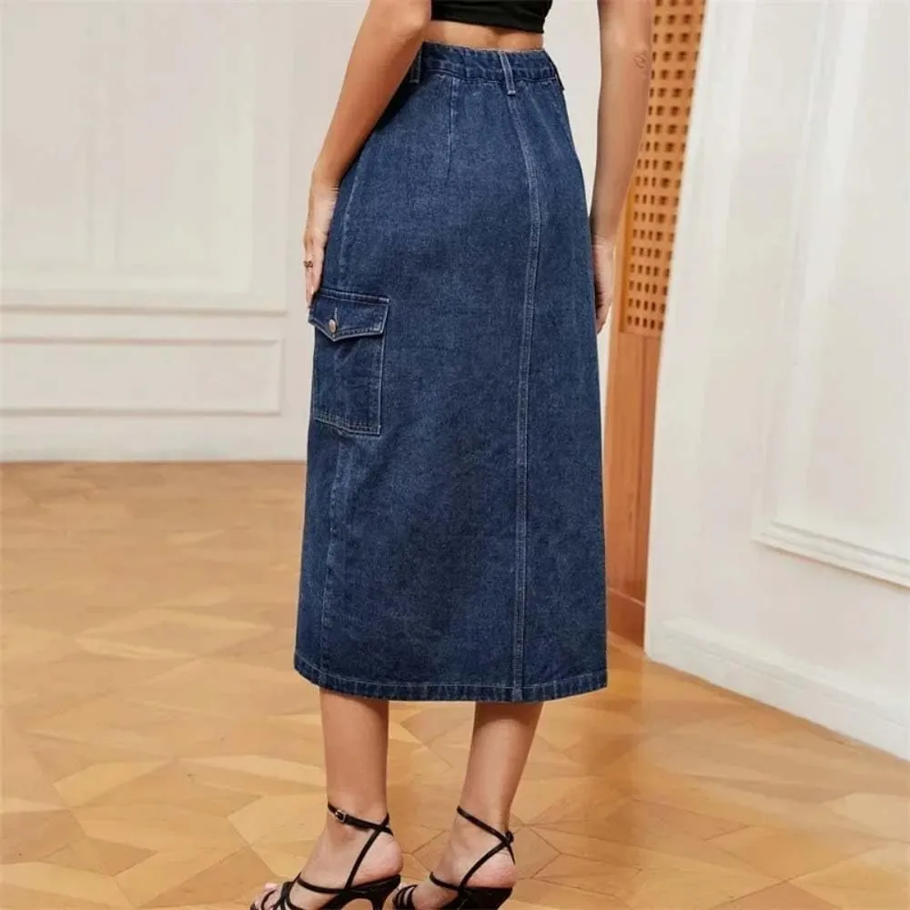 Women High Waist Button Side Split Denim Skirt Casual Pocket Streetwear Slim Fit Midi Skirt