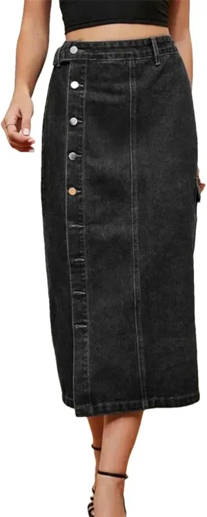 Women High Waist Button Side Split Denim Skirt Casual Pocket Streetwear Slim Fit Midi Skirt