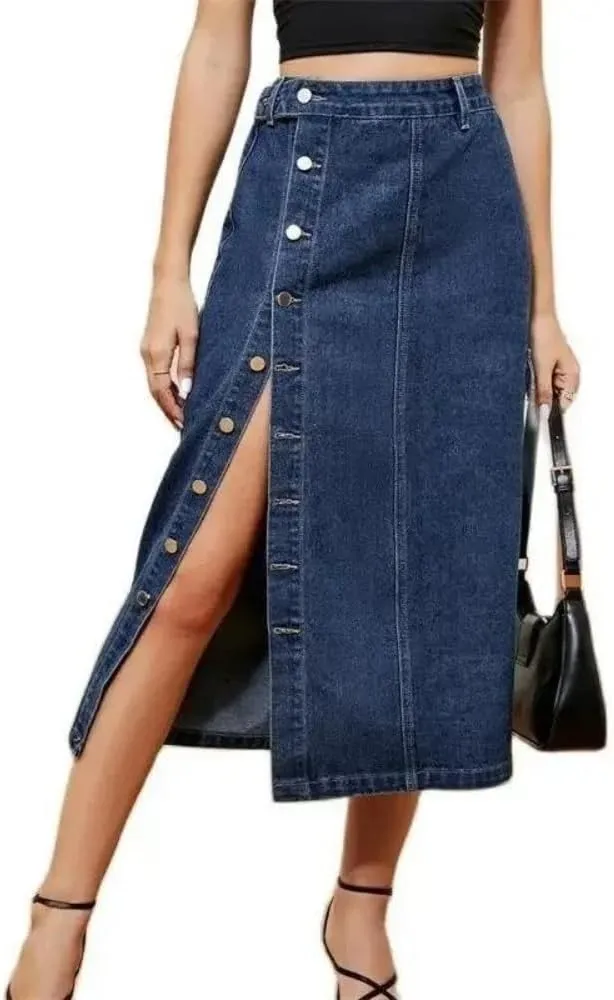Women High Waist Button Side Split Denim Skirt Casual Pocket Streetwear Slim Fit Midi Skirt