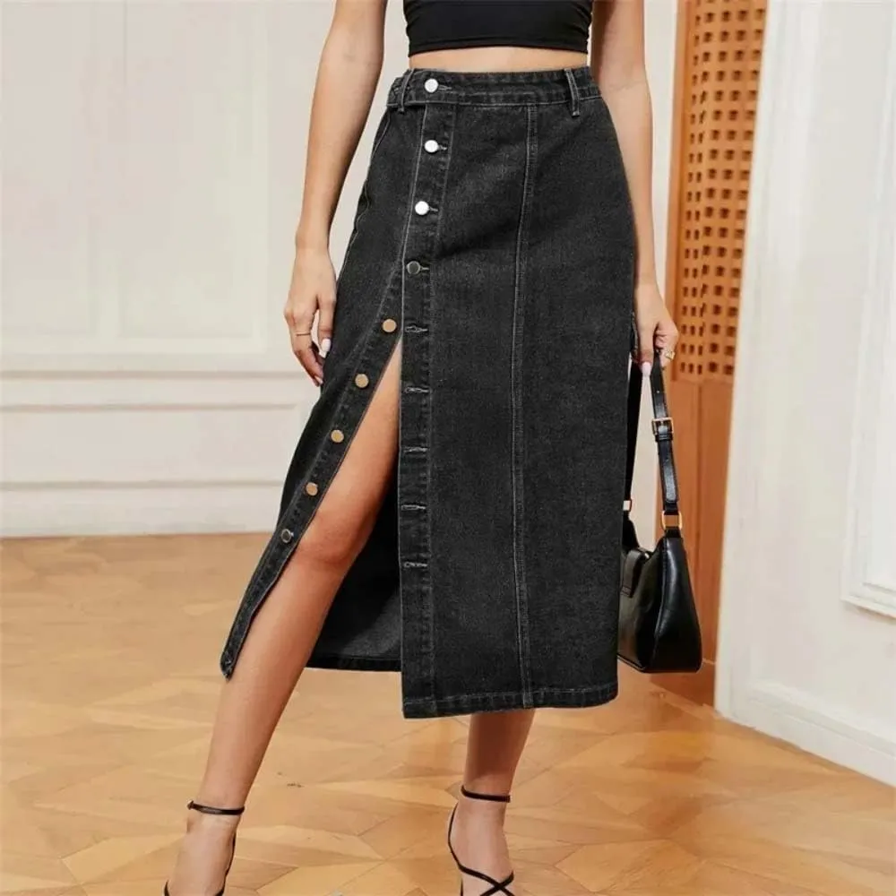 Women High Waist Button Side Split Denim Skirt Casual Pocket Streetwear Slim Fit Midi Skirt