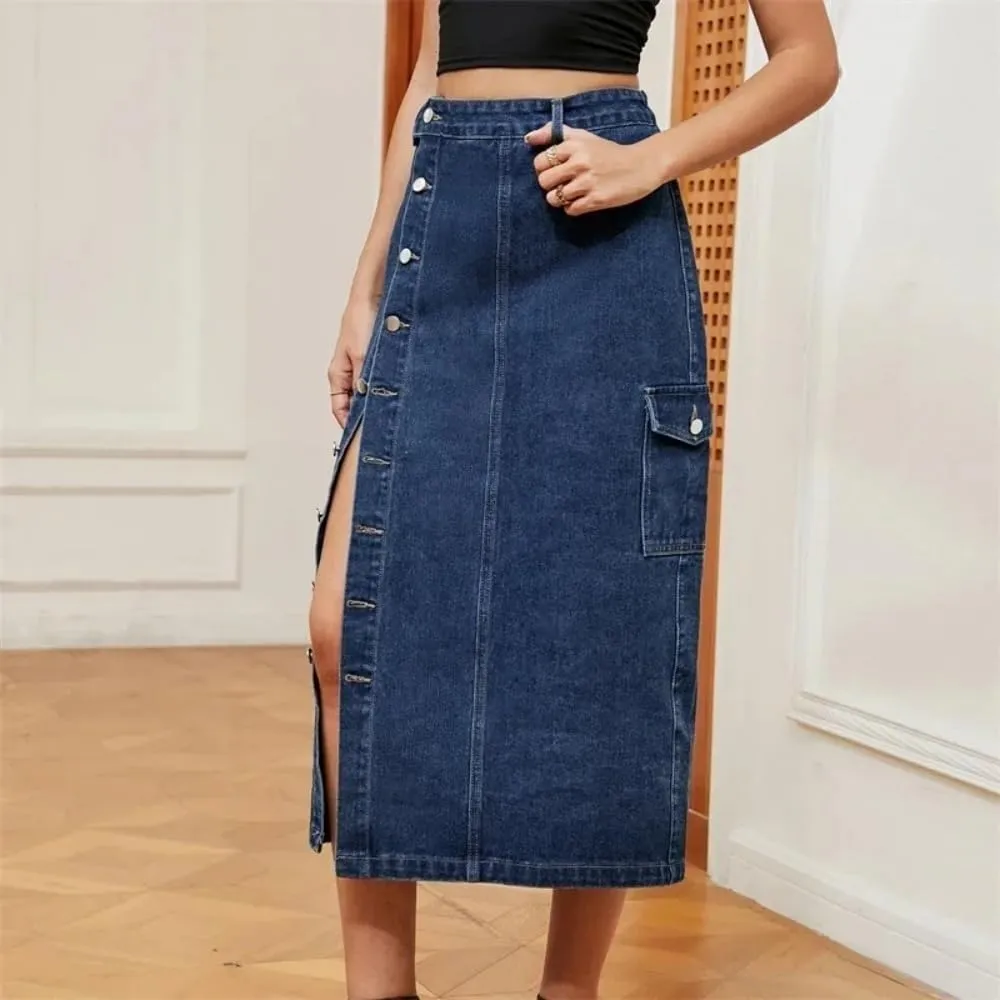 Women High Waist Button Side Split Denim Skirt Casual Pocket Streetwear Slim Fit Midi Skirt